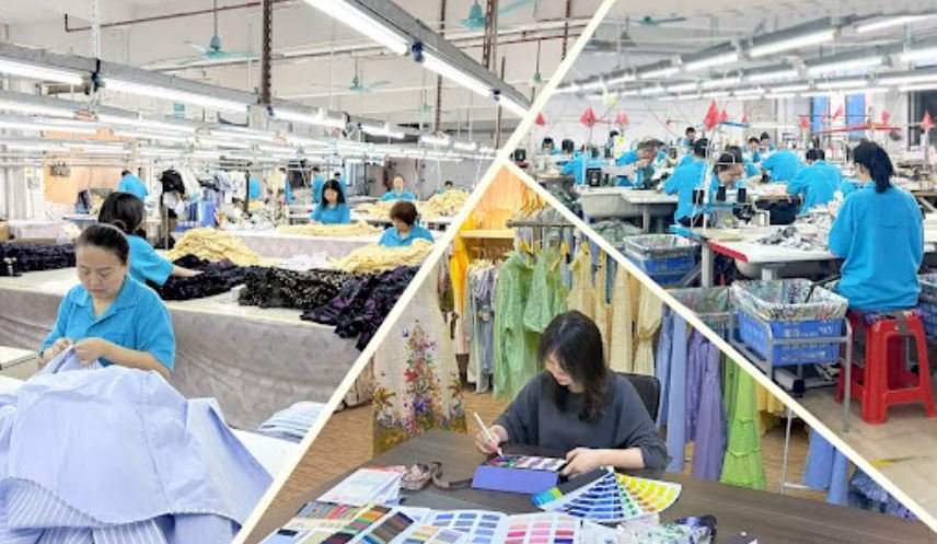 Garment worker sewing clothing in a Chinese apparel factory showing professional clothing manufacturing and textile production
