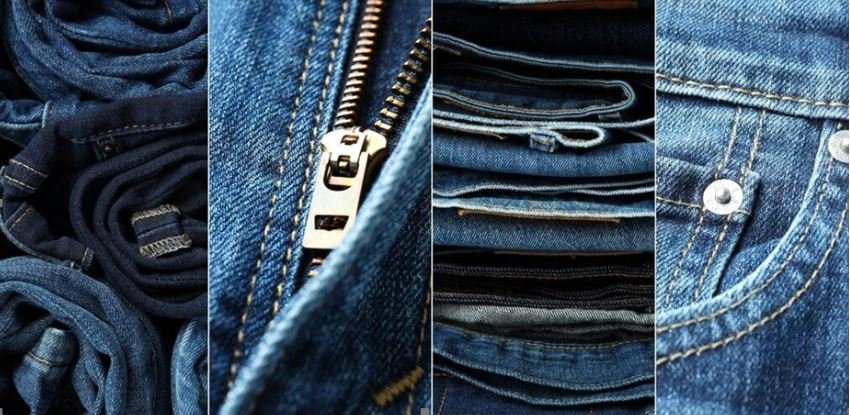 Close up of denim fabric stitching and zipper representing garment quality in custom apparel manufacturing