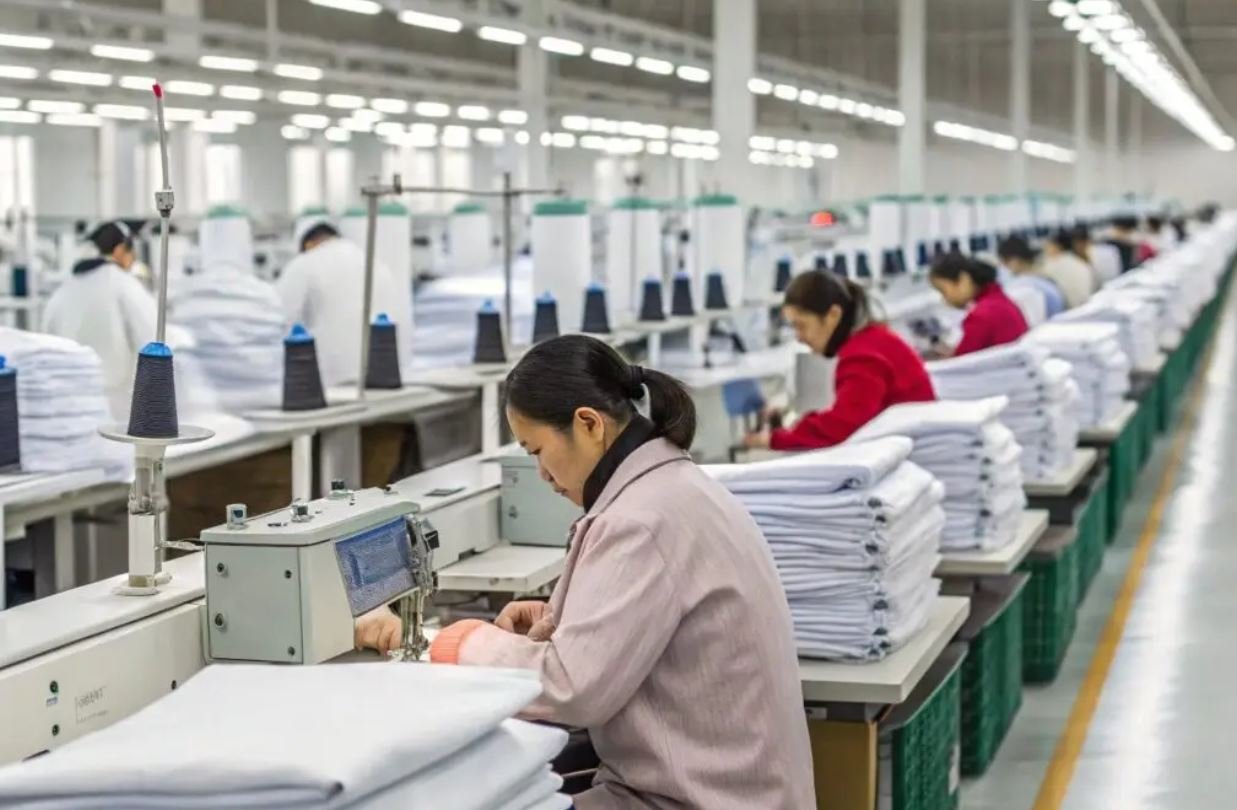 Workers sewing garments in a modern custom clothing manufacturer in China production facility for global apparel brands