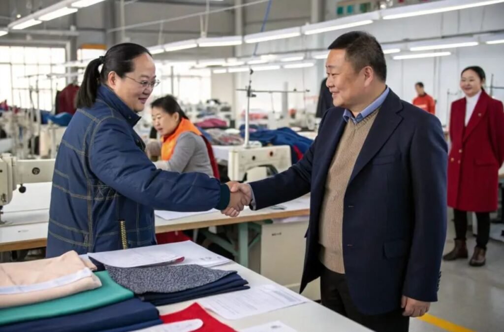 Business partners shaking hands inside apparel factory after discussing sourcing and manufacturing collaboration